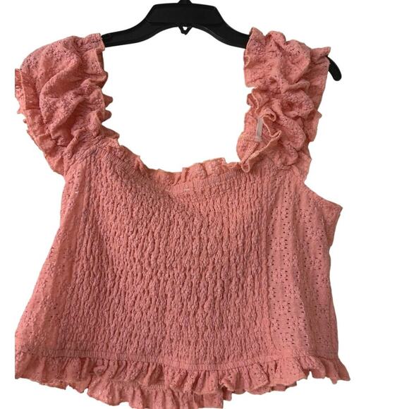 Pol Pink Embroidered Ruffle Cap Sleeve Smocked Cropped Top Large Coquette - Picture 2 of 11